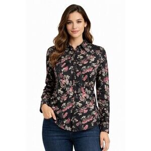 Chaps Women’s Shirt Floral Button Down Blouse M Long Sleeve Black Casual Office